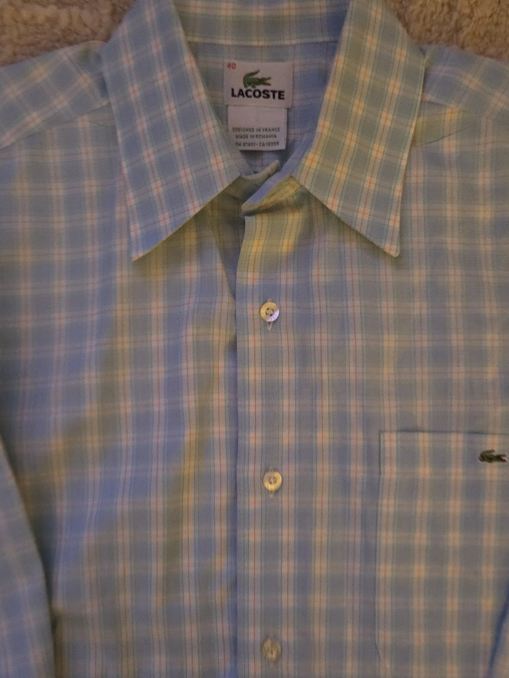 Lacoste Men's Long Sleeve Plaid Button Down Shirt Light Blue Orange Size 40 Med
